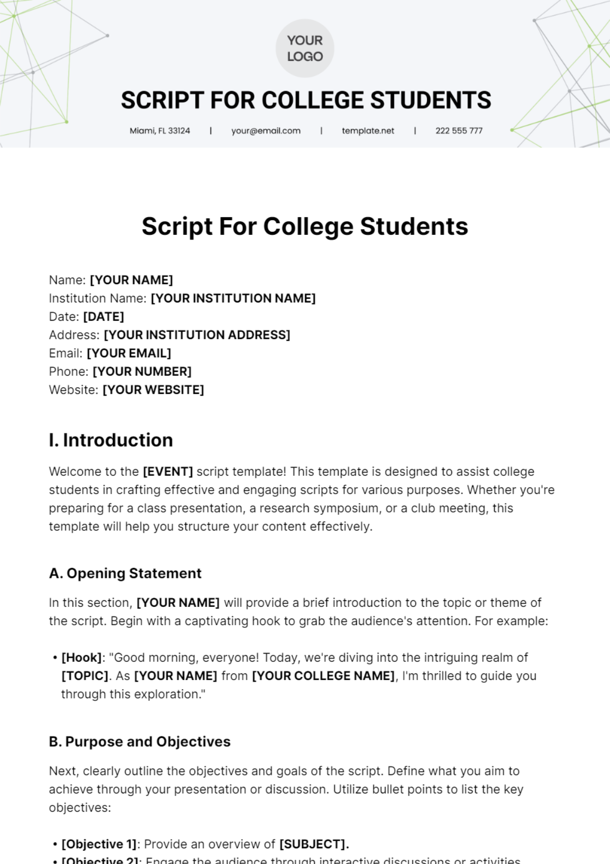 Script For College Students Template - Edit Online & Download