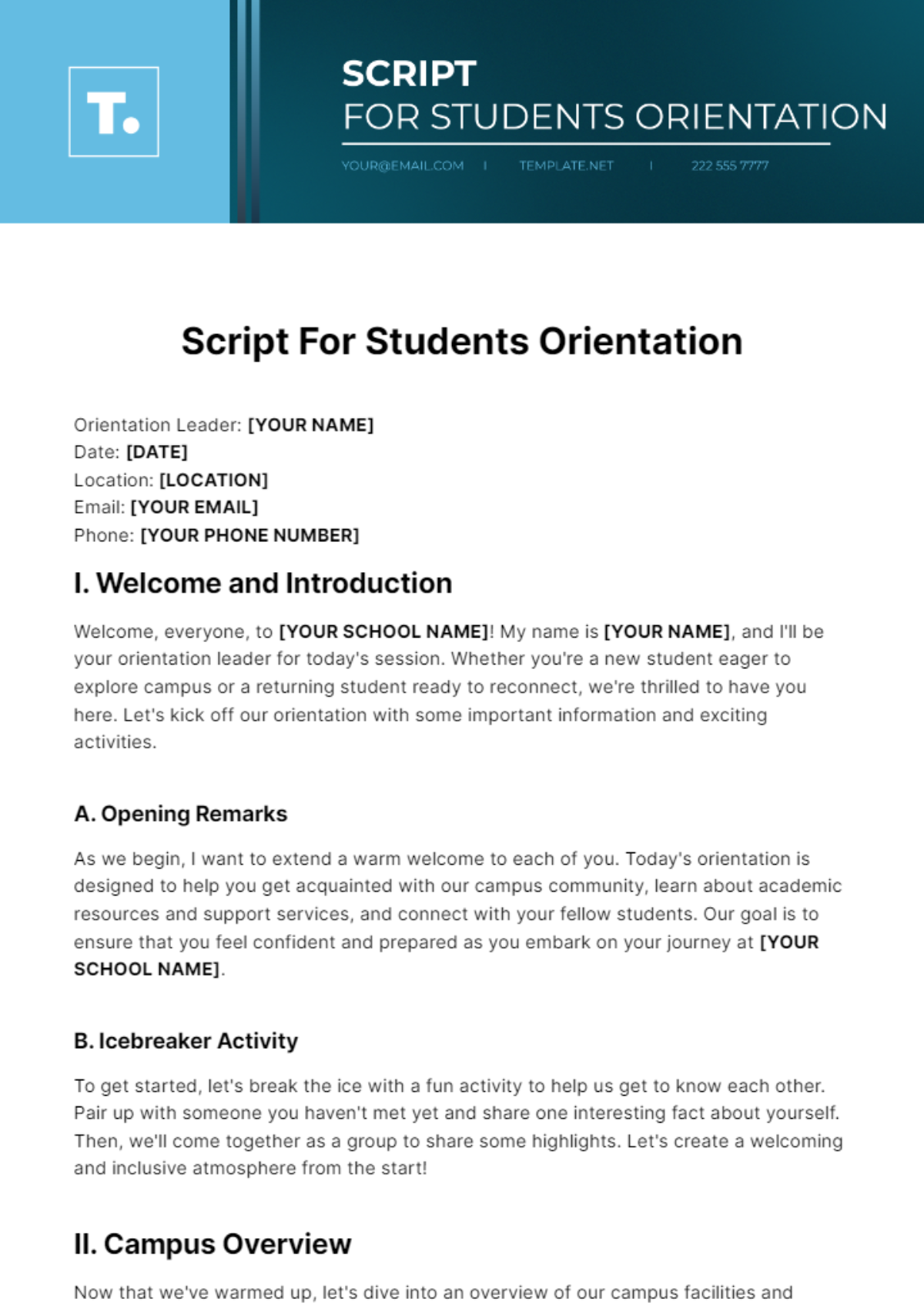 Script For Students Orientation Template