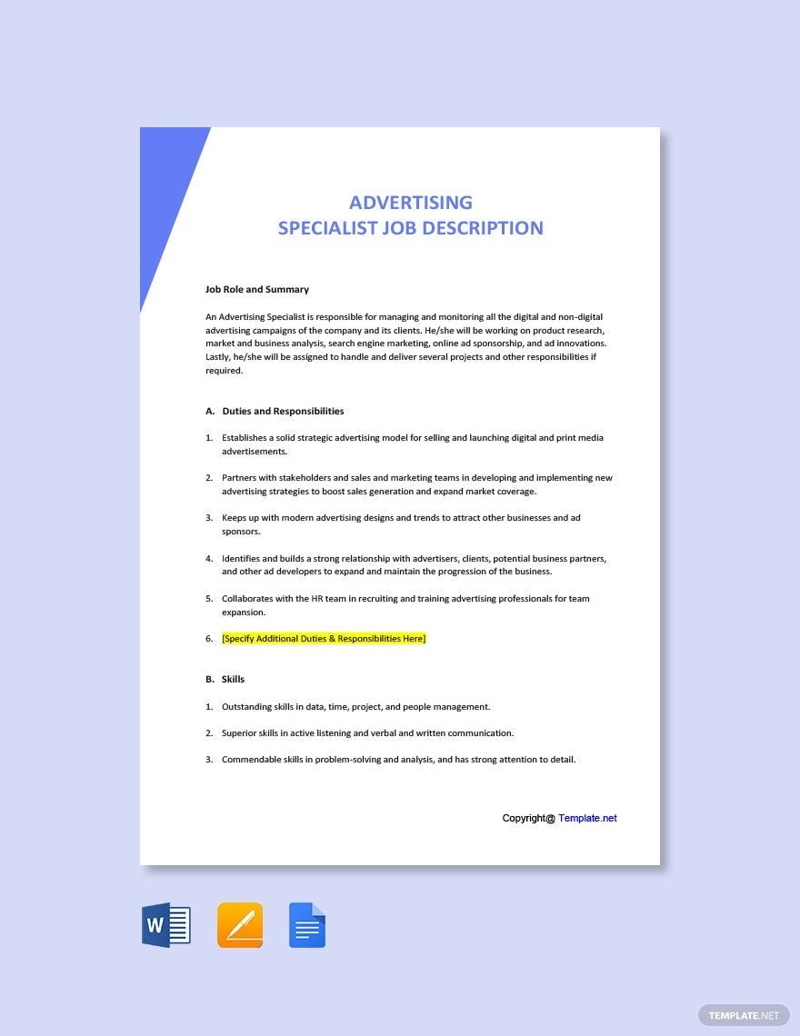 Advertising Specialist Job Description Template in Word, Google Docs, PDF, Apple Pages