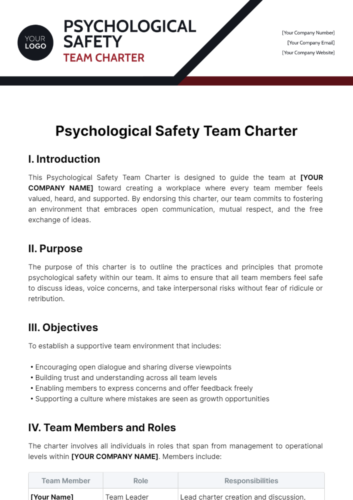 Psychological Safety Team Charter Template