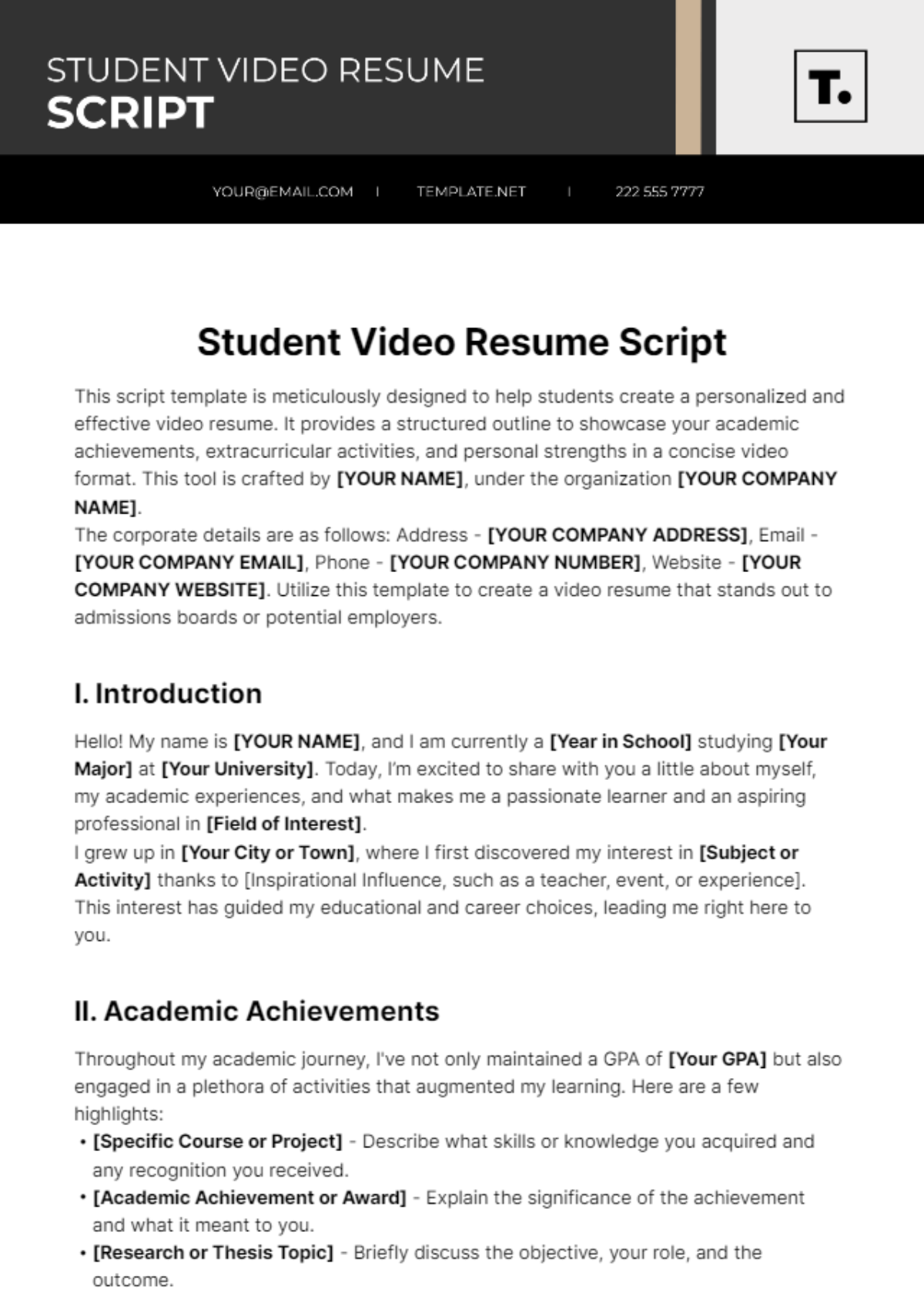 Student Video Resume Script Template
