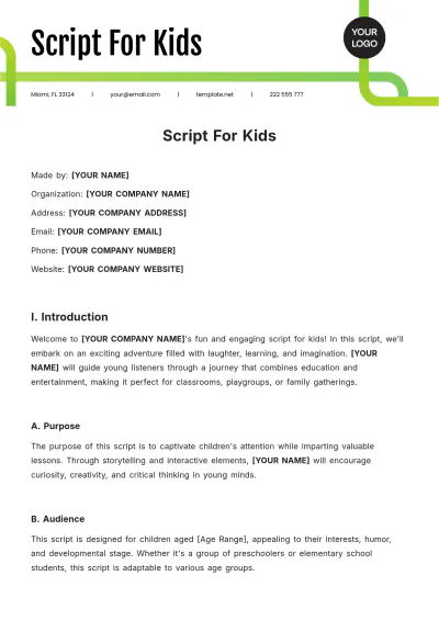 Free Script  For Kids Template to Edit Online