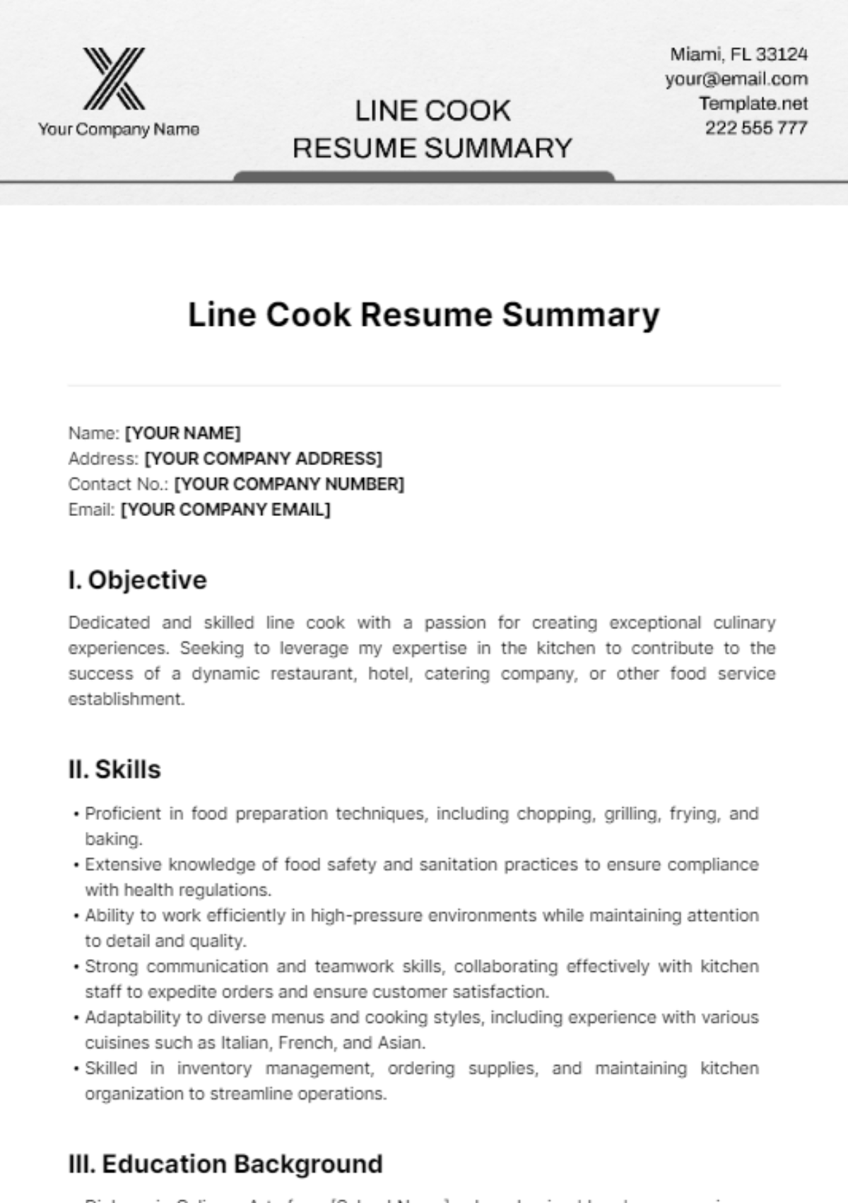 Line Cook Resume Summary Template