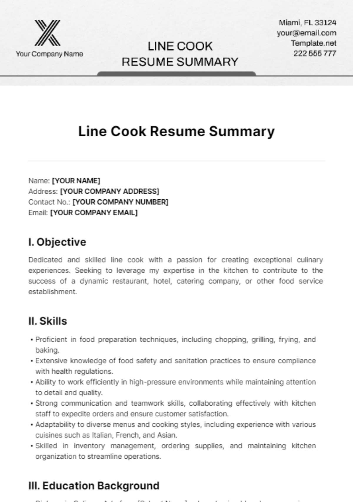 Line Cook Resume Summary Template - Edit Online & Download