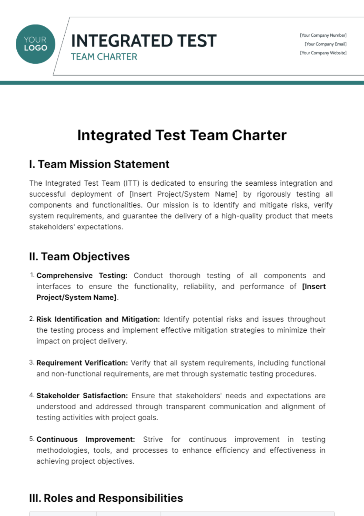 Free Integrated Test Team Charter Template