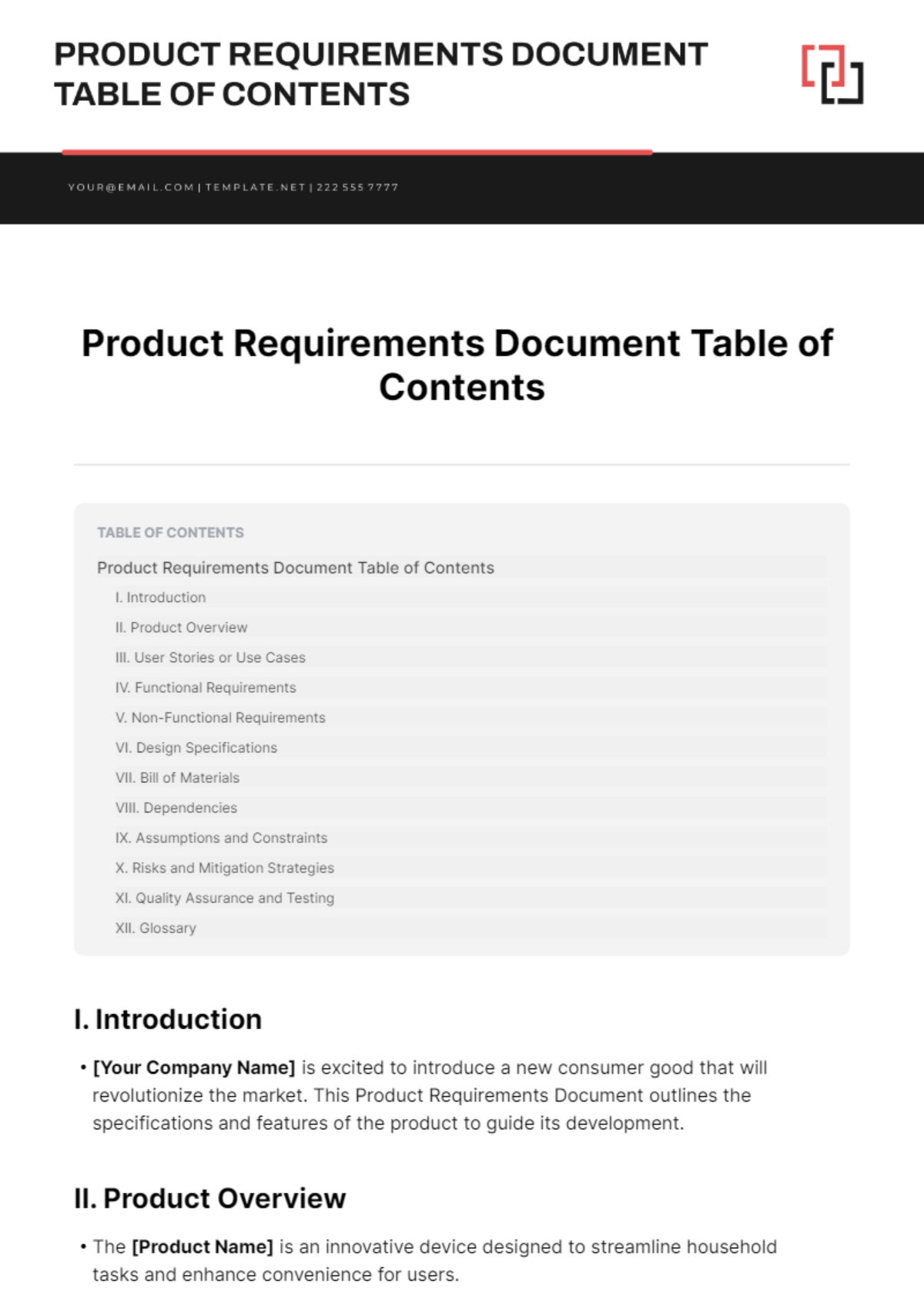 Product Requirements Document Table of Contents Template