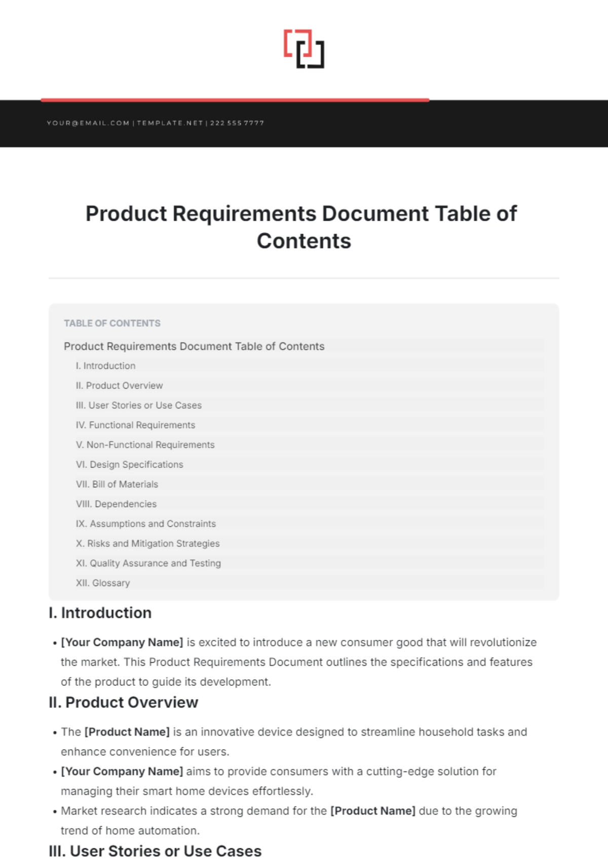 Product Requirements Document Table of Contents Template