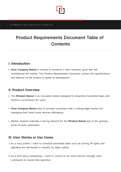 Free Product Requirements Document Table of Contents Template to Edit Online