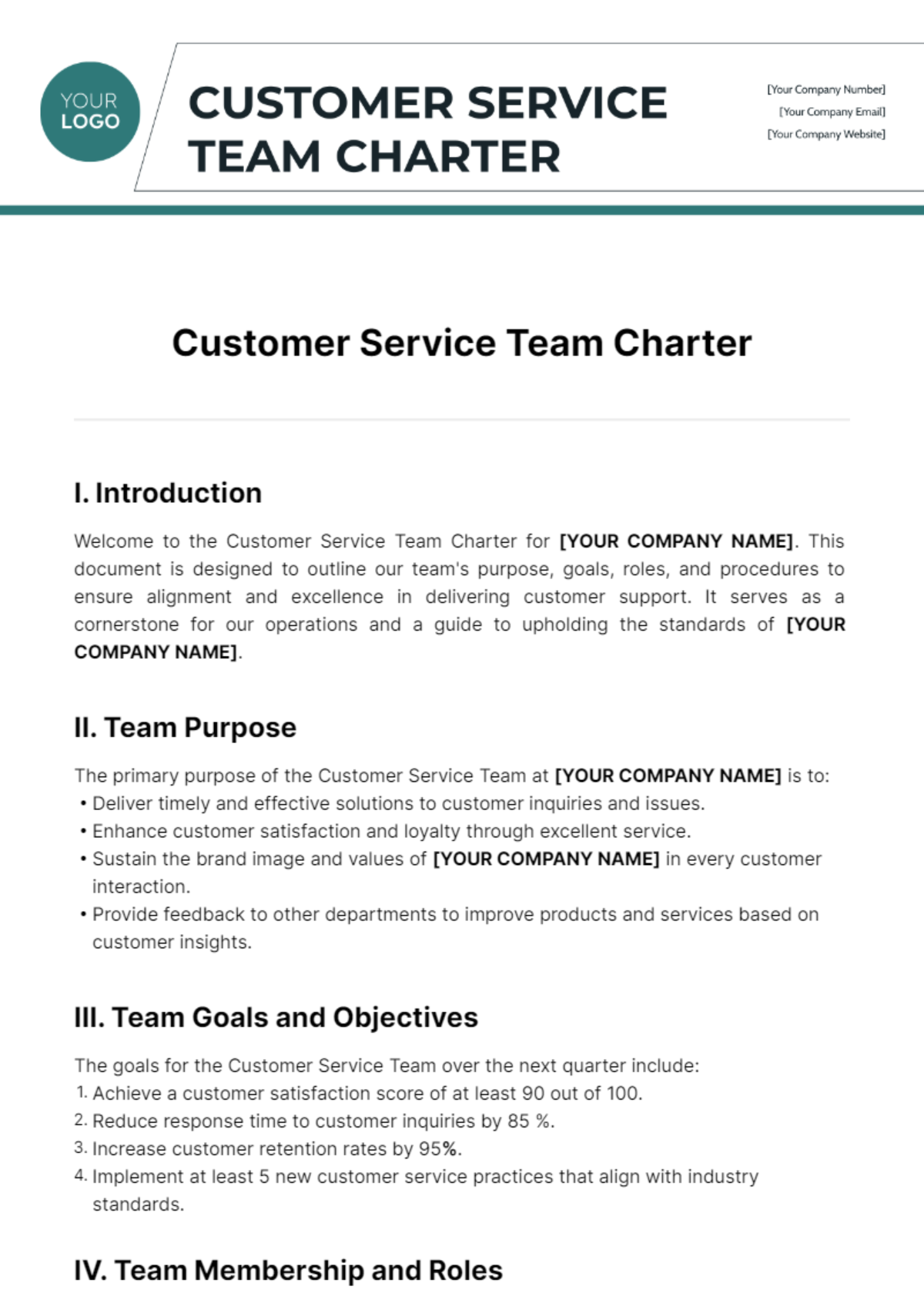 Customer Service Team Charter Template