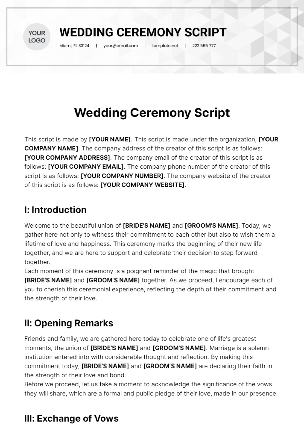 Wedding Ceremony Script Template