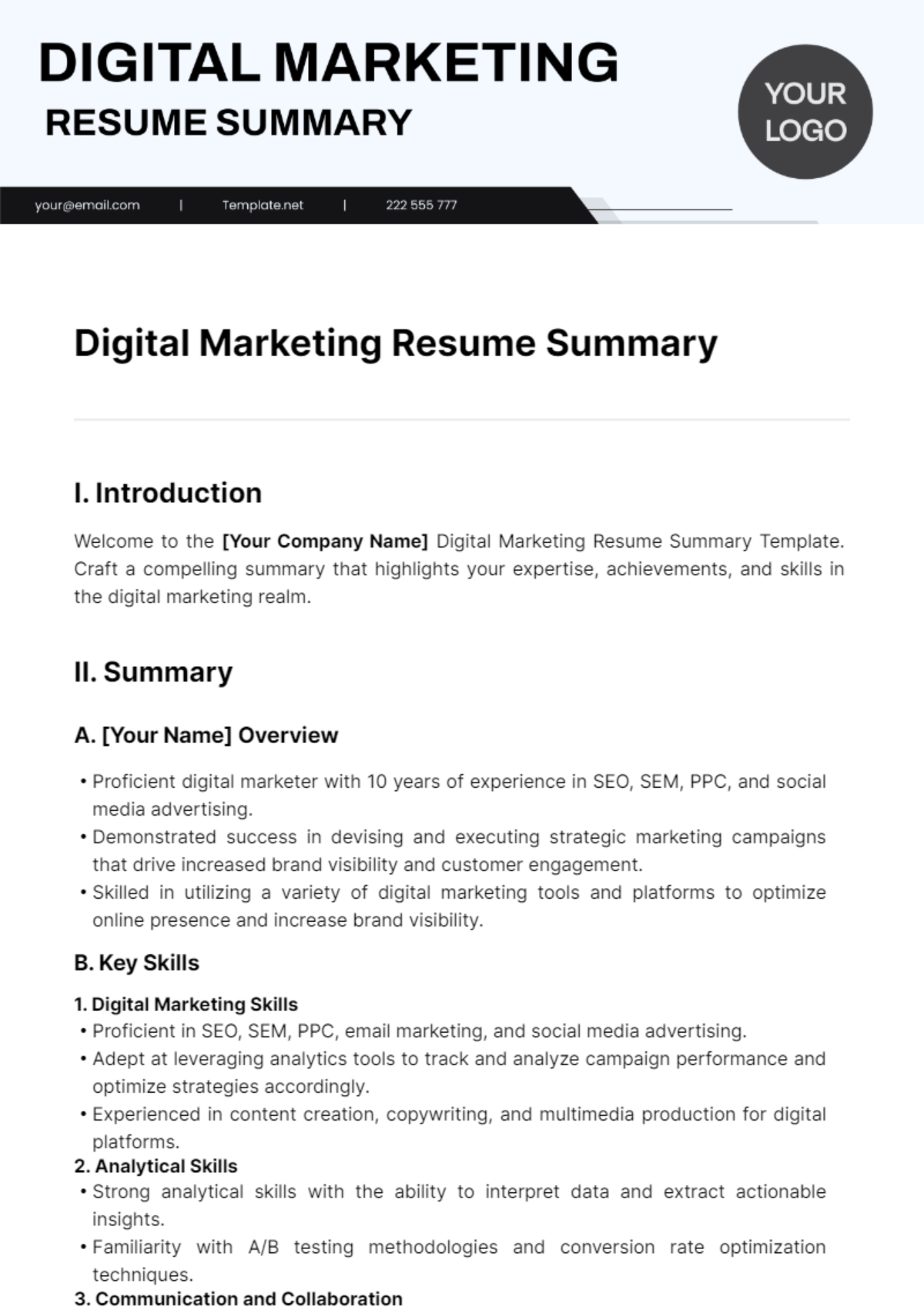 Digital Marketing Resume Summary Template - Edit Online & Download