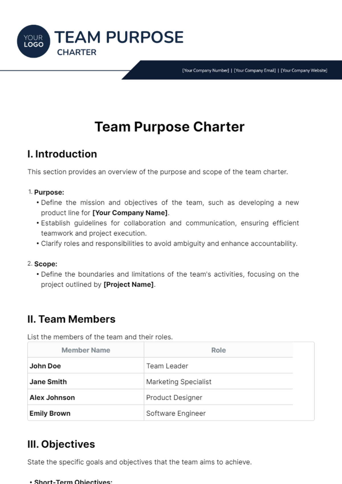Team Purpose Charter Template