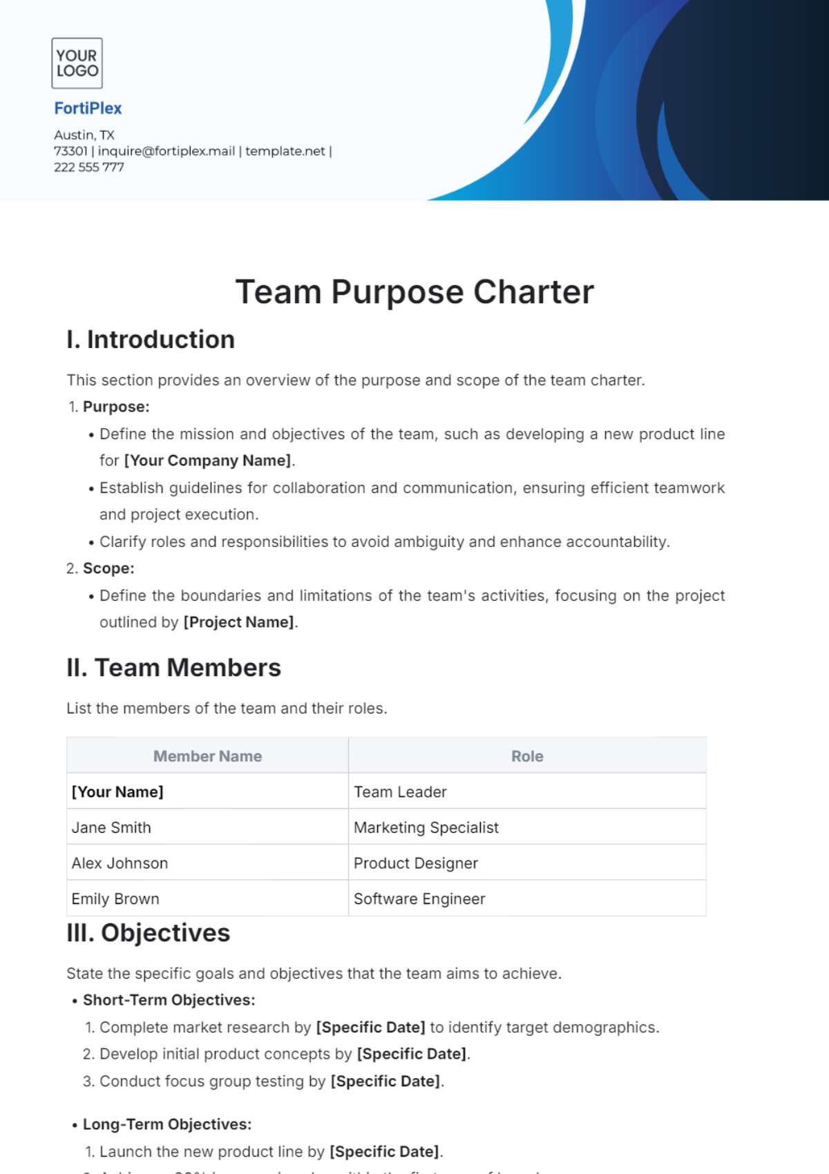 Team Purpose Charter Template