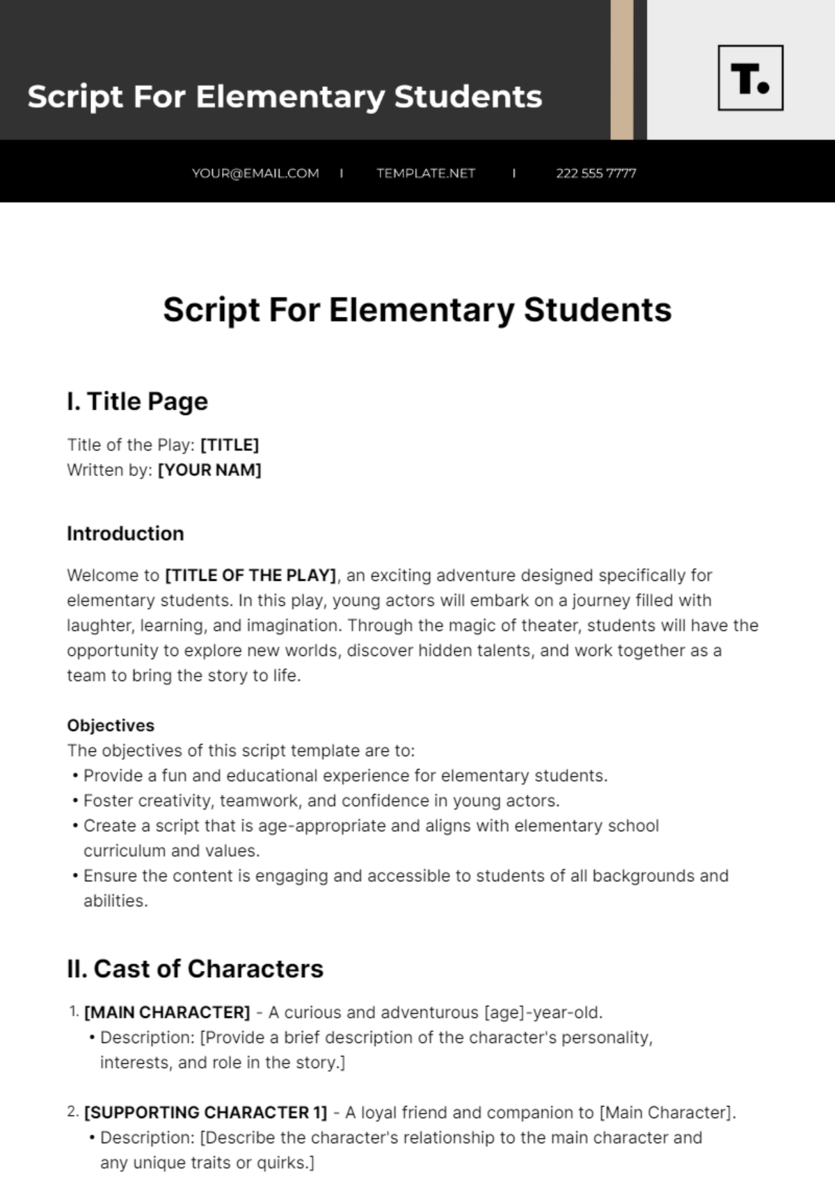 Script For Elementary Students Template