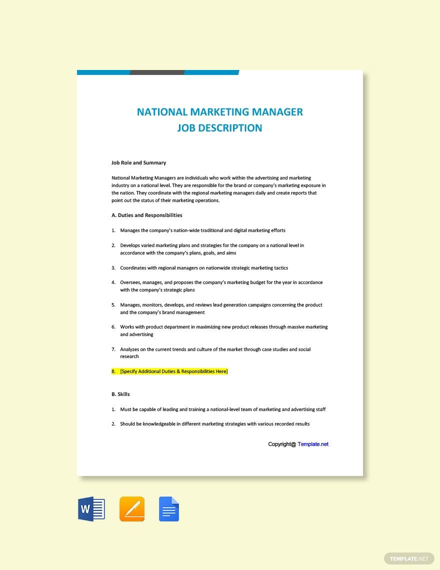 National Marketing Manager Job Description