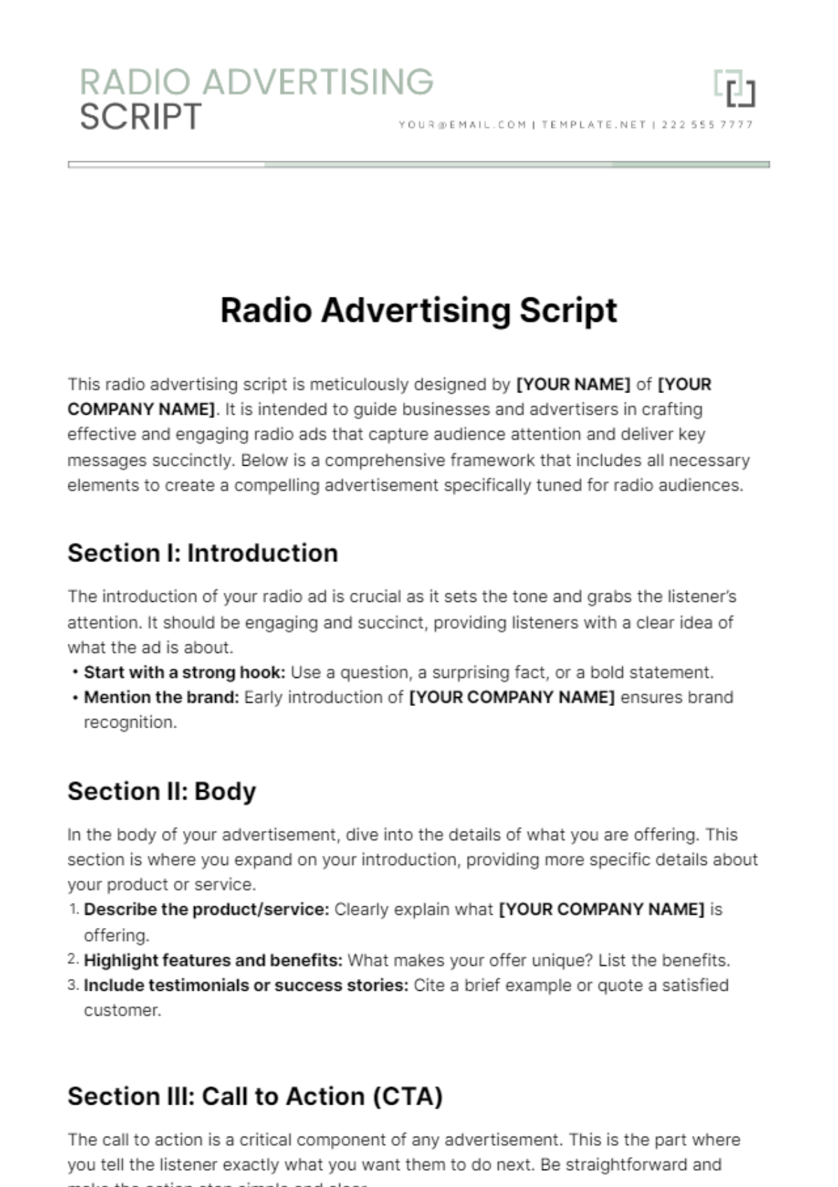 Radio Advertising Script Template