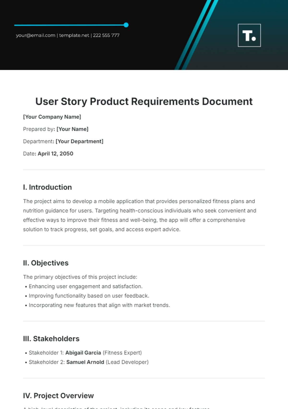 User Story Product Requirements Document Template