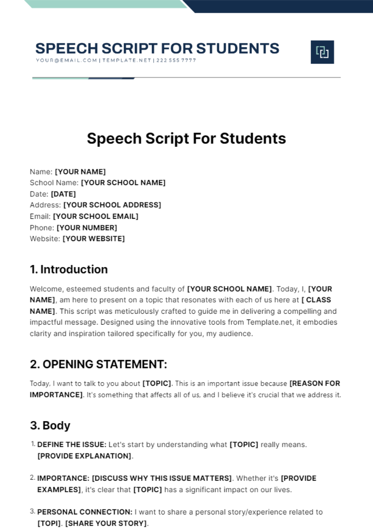 Speech Script For Students Template