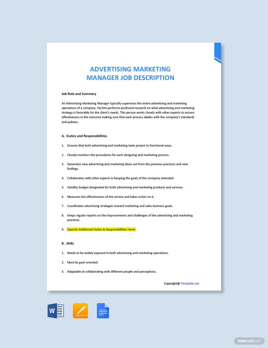 Advertising Marketing Manager Job Ad and Description Template