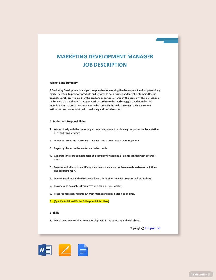 Marketing Development Manager Job Ad and Description Template