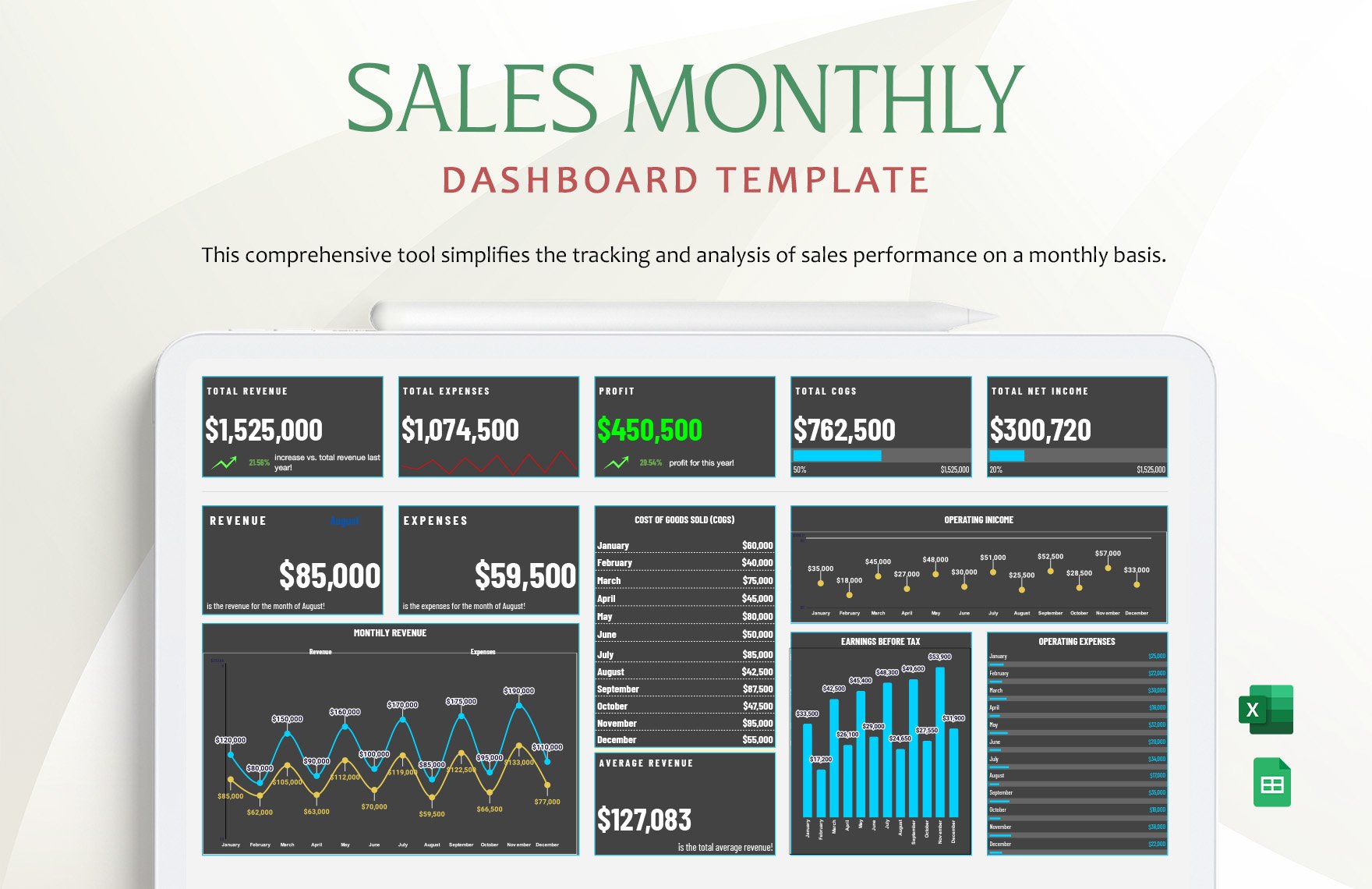 Sales Monthly Dashboard Template in Excel, Google Sheets