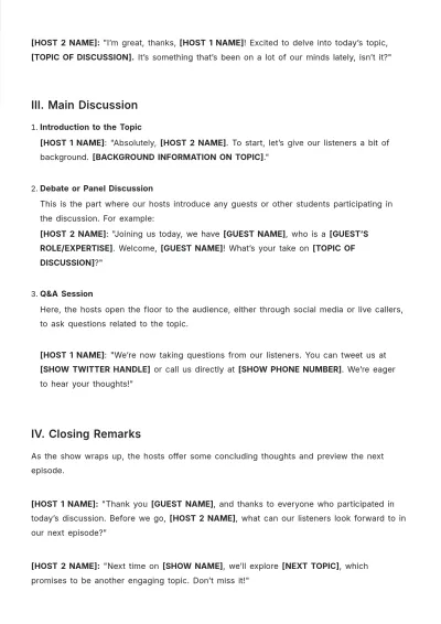 Free Talk Show Script For Students Template to Edit Online