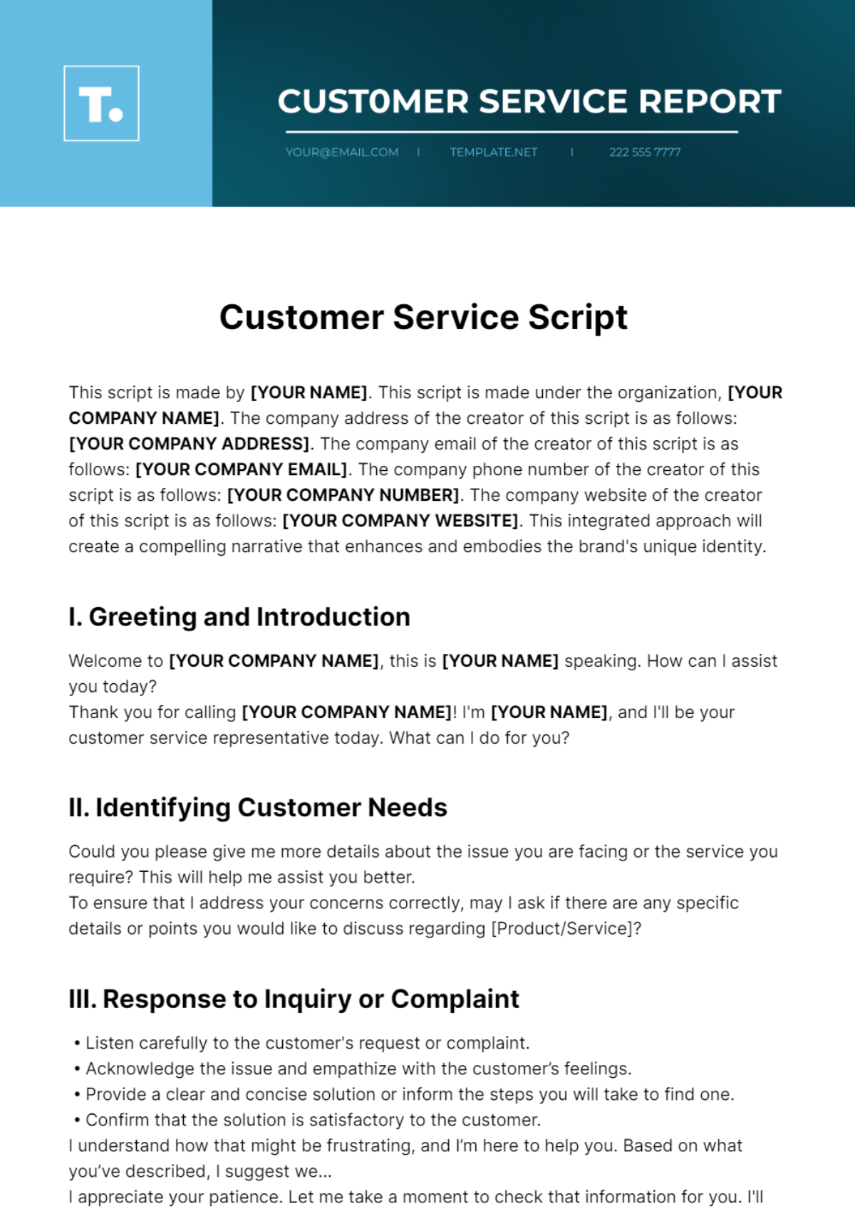 Customer Service Script Template