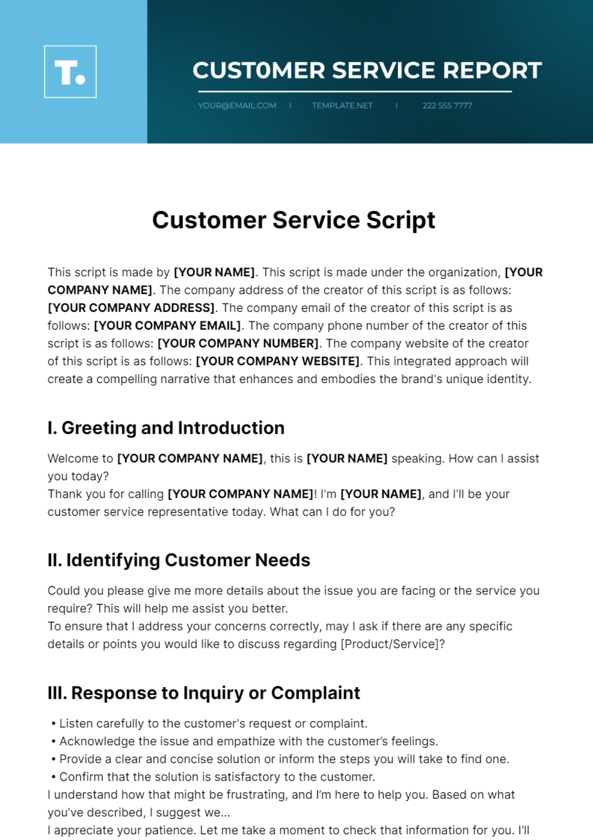 Customer Service Script Template - Edit Online & Download Example ...