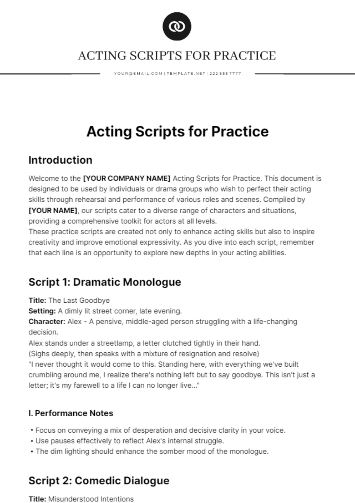 Acting Scripts For Practice Template