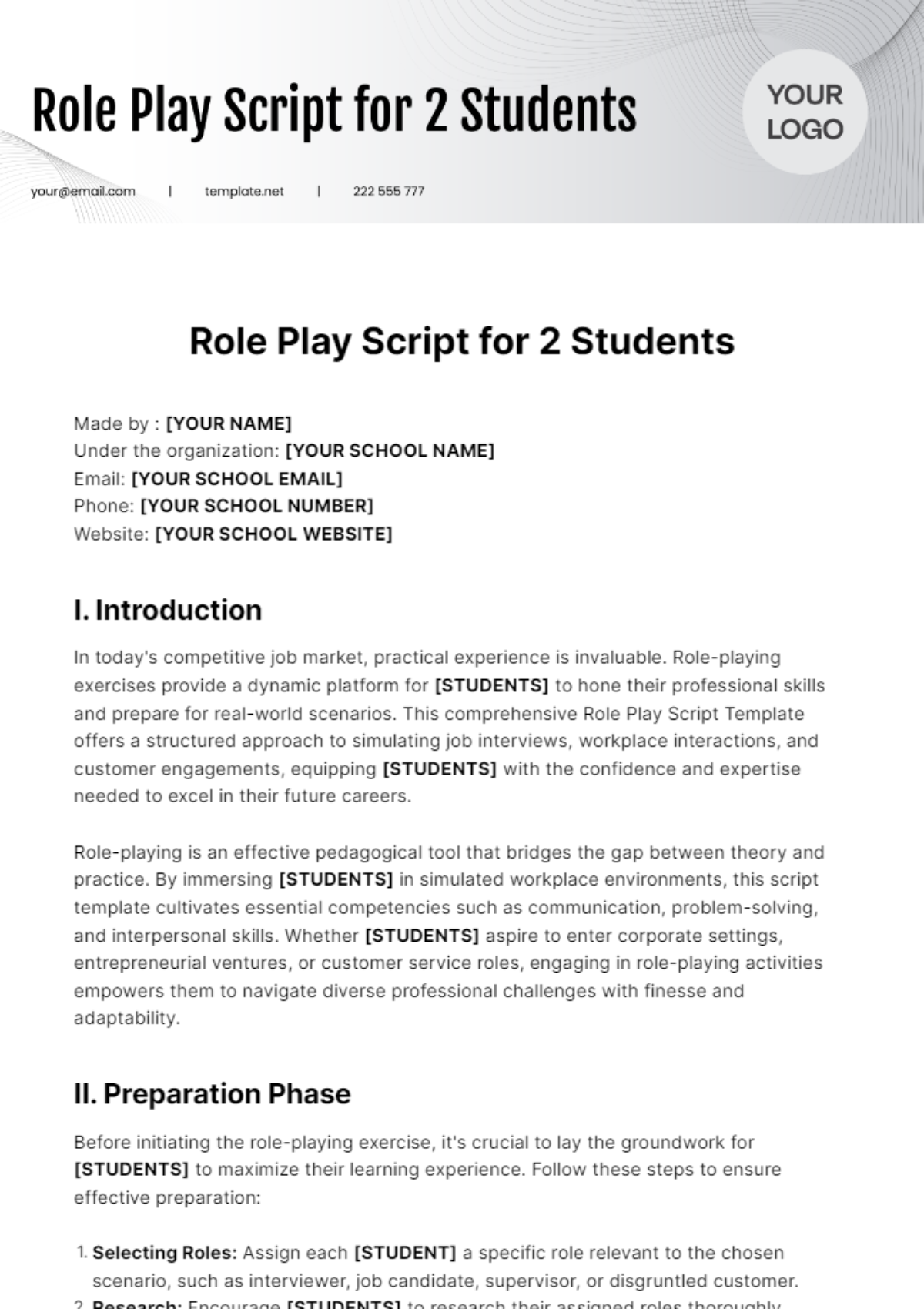 Role Play Script For 2 Students Template