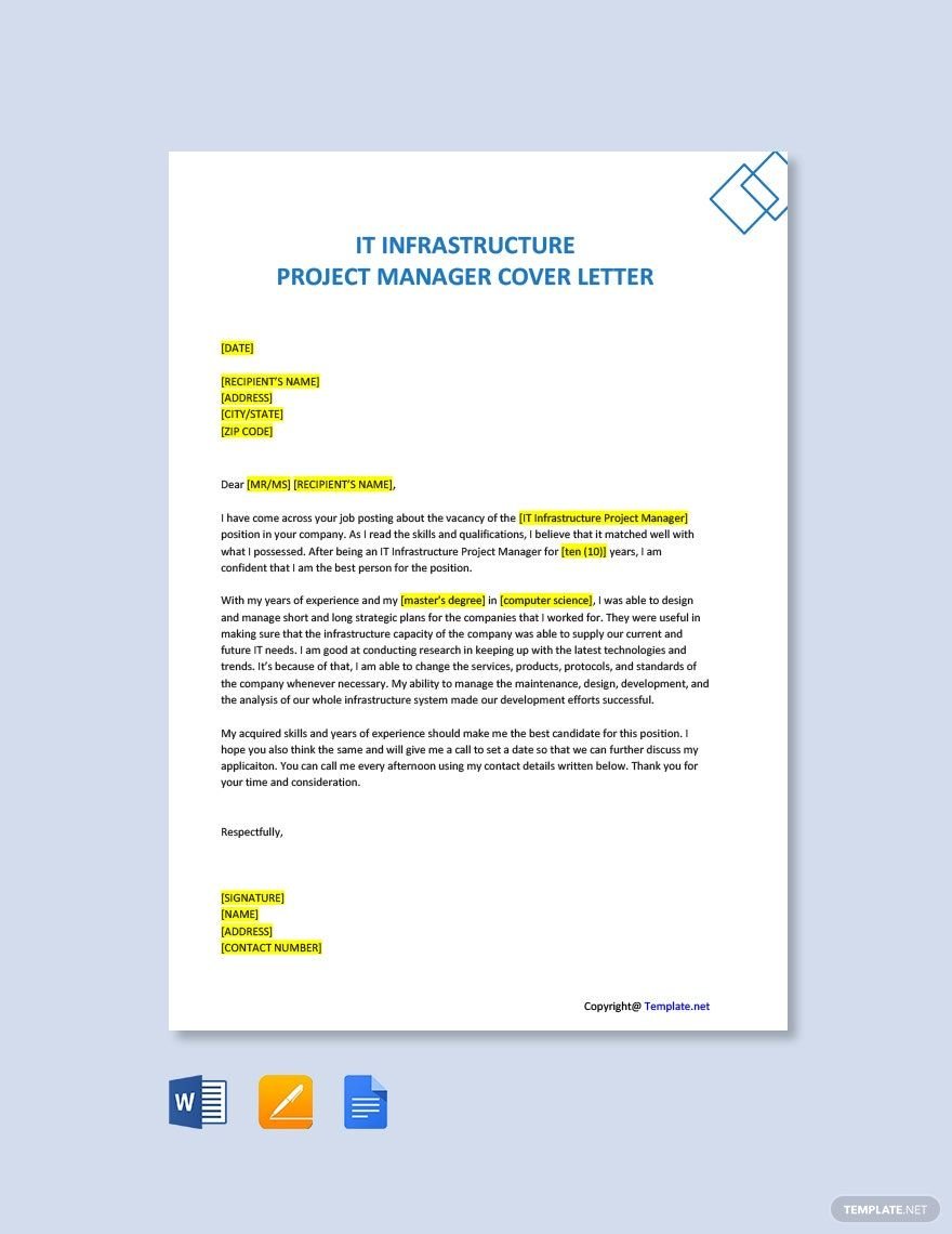 IT Infrastructure Project Manager Cover Letter