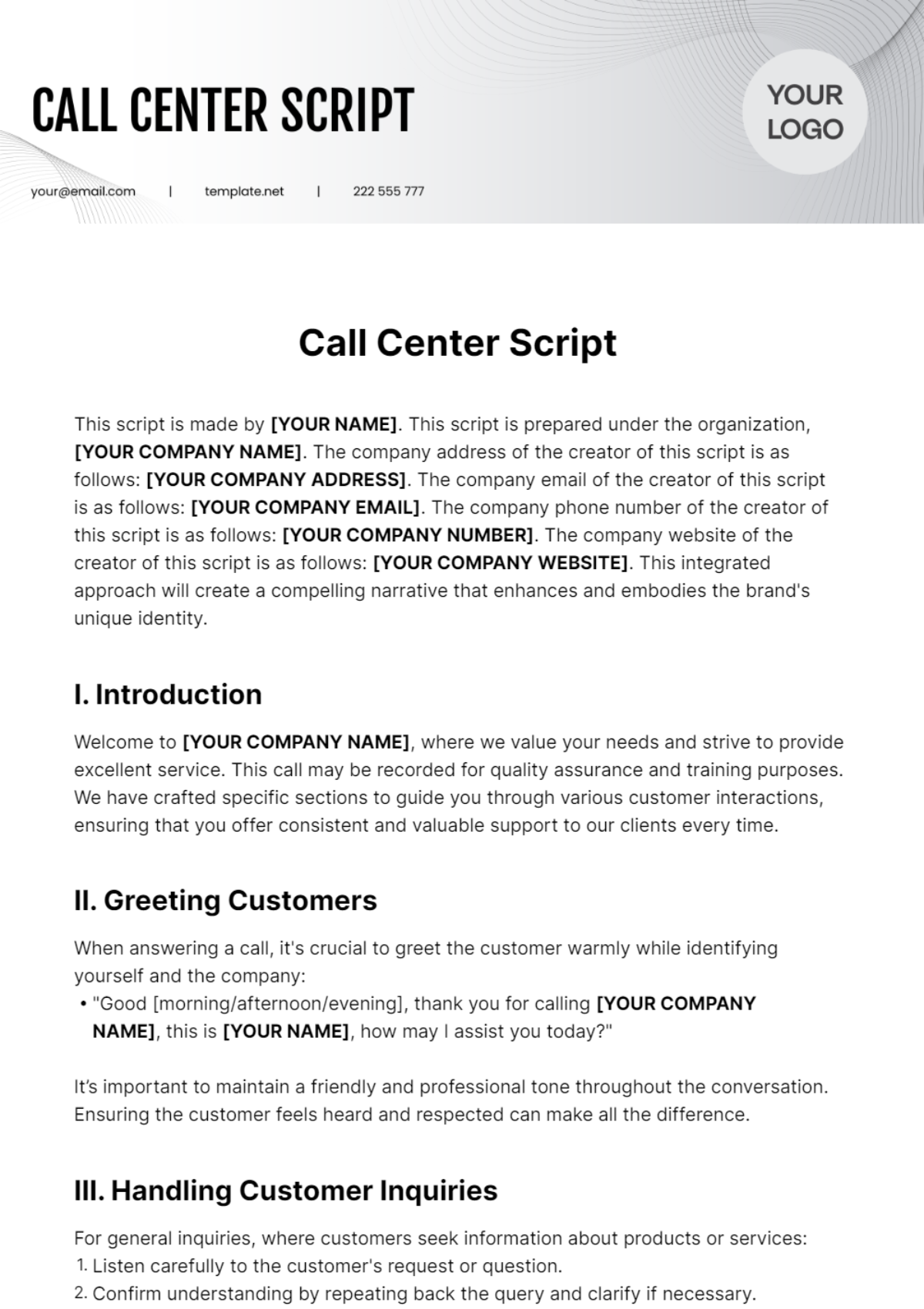 Call Center Script Template