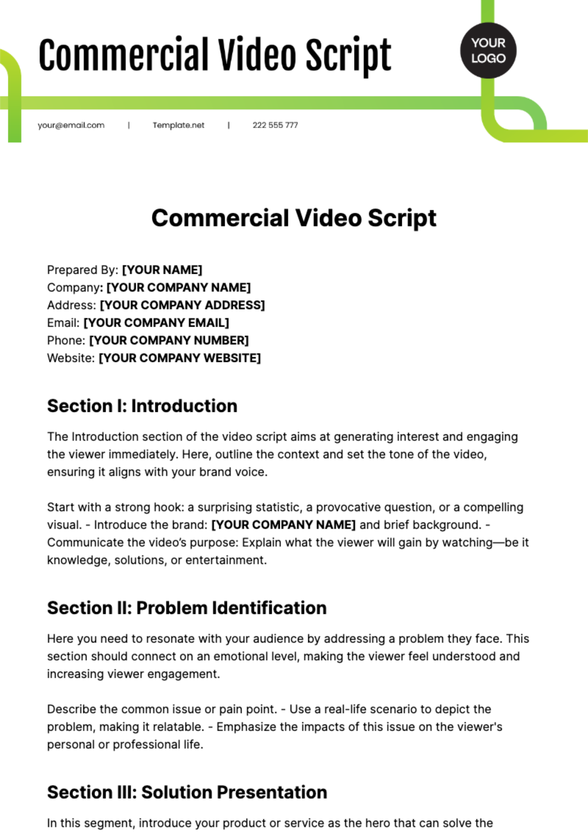 Commercial Video Script  Template