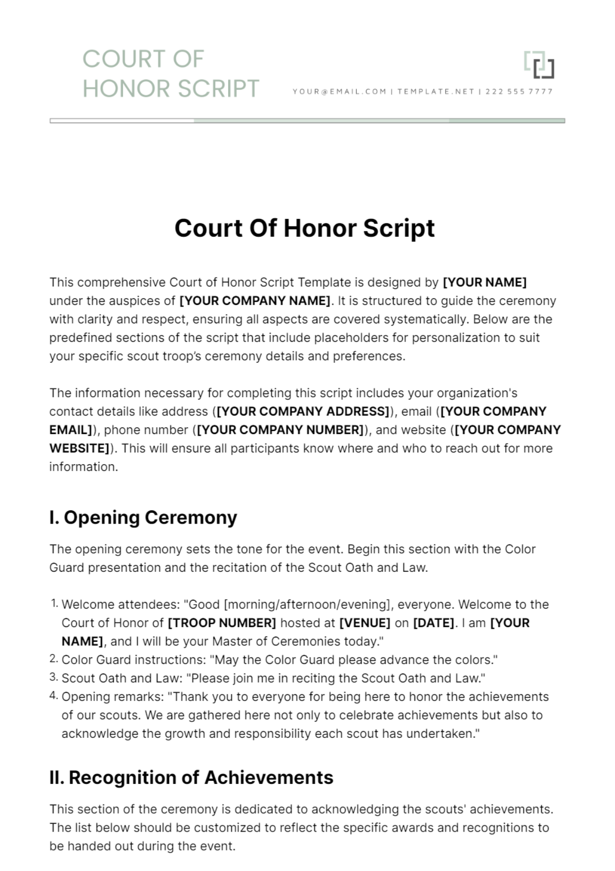 Court Of Honor Script Template