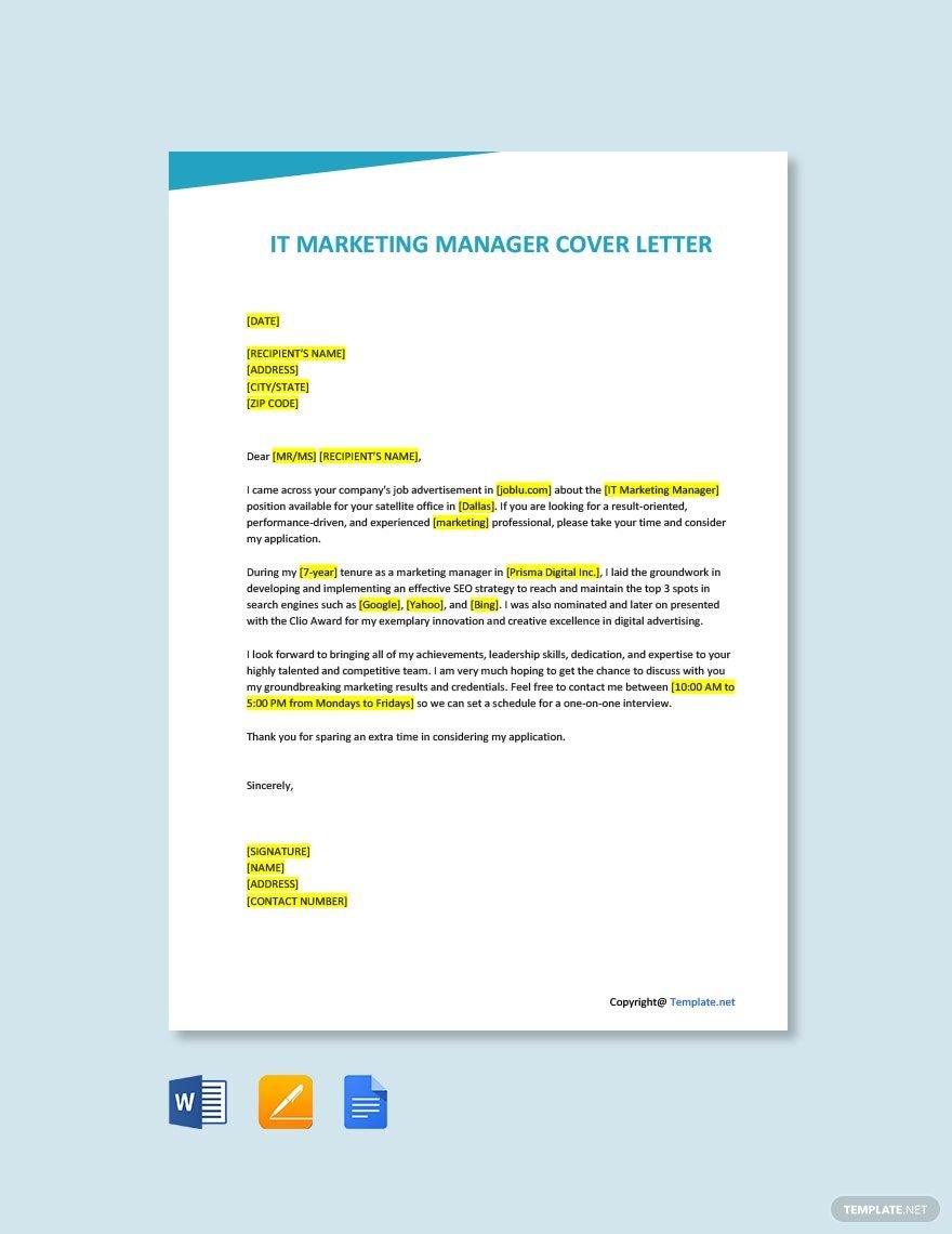 IT Marketing Manager Cover Letter Template