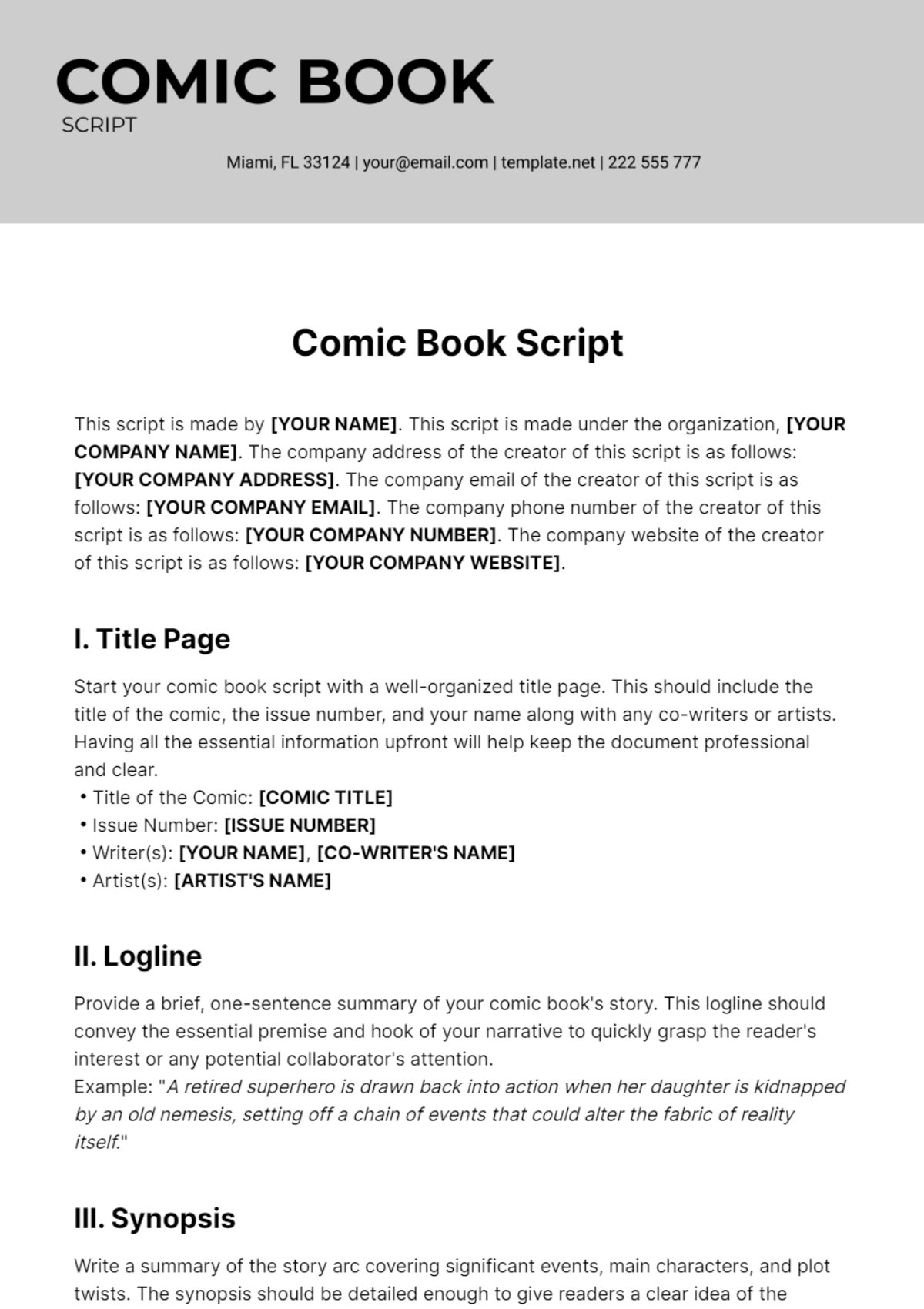 Comic Book Script Template