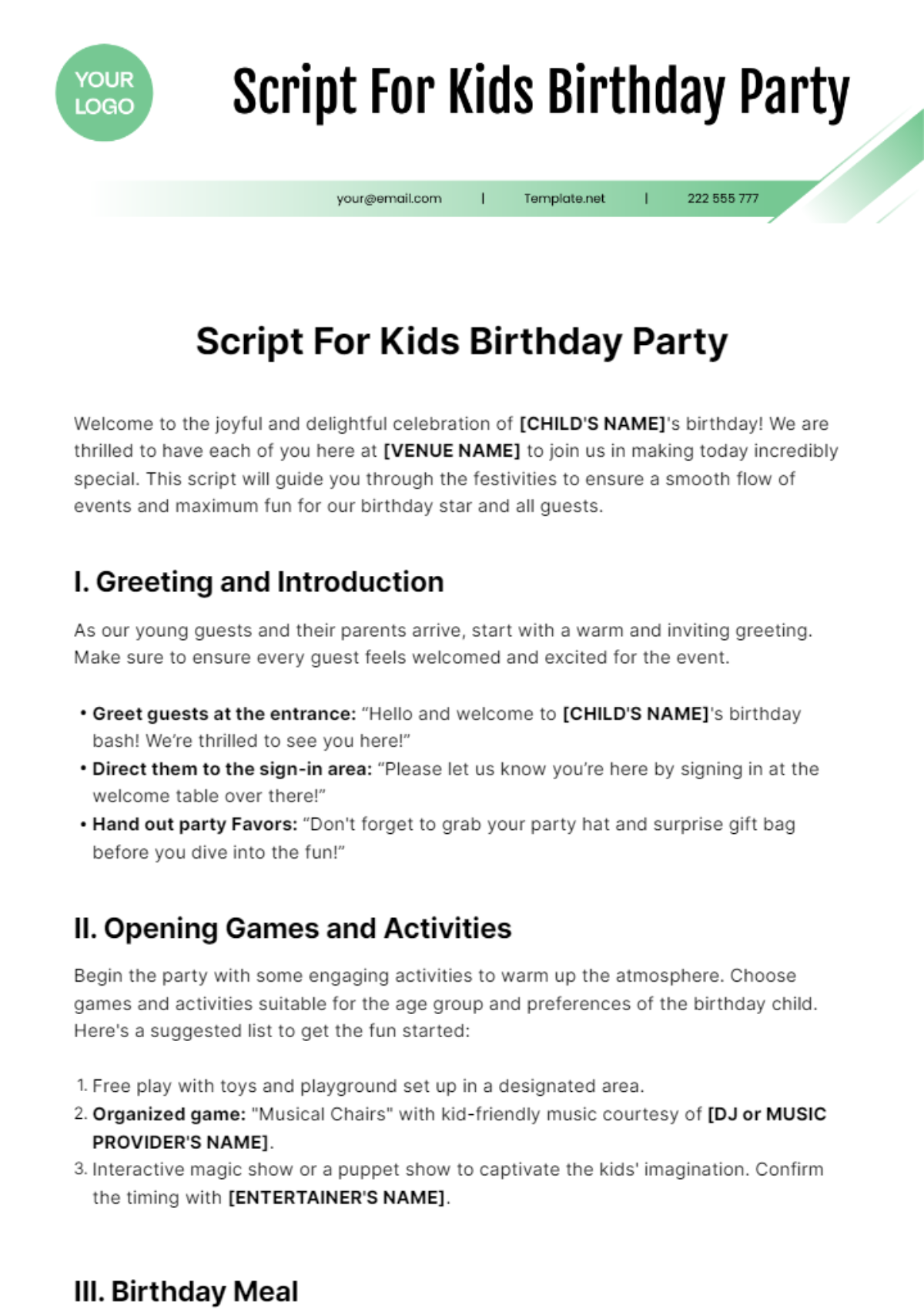 Script For Kids Birthday Party Template