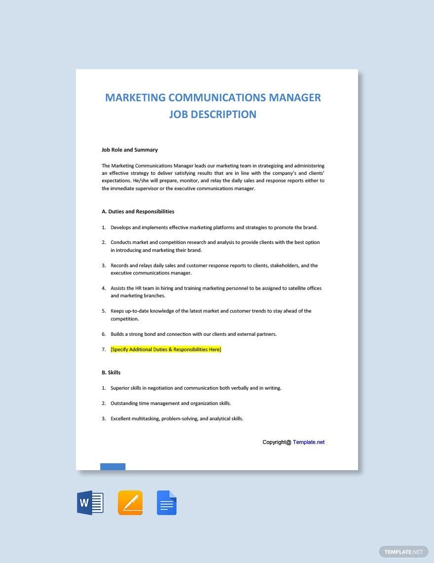 Marketing Communications Manager Job Description Template