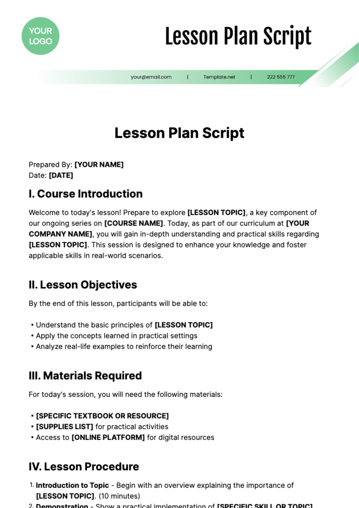 Lesson Plan Script Template