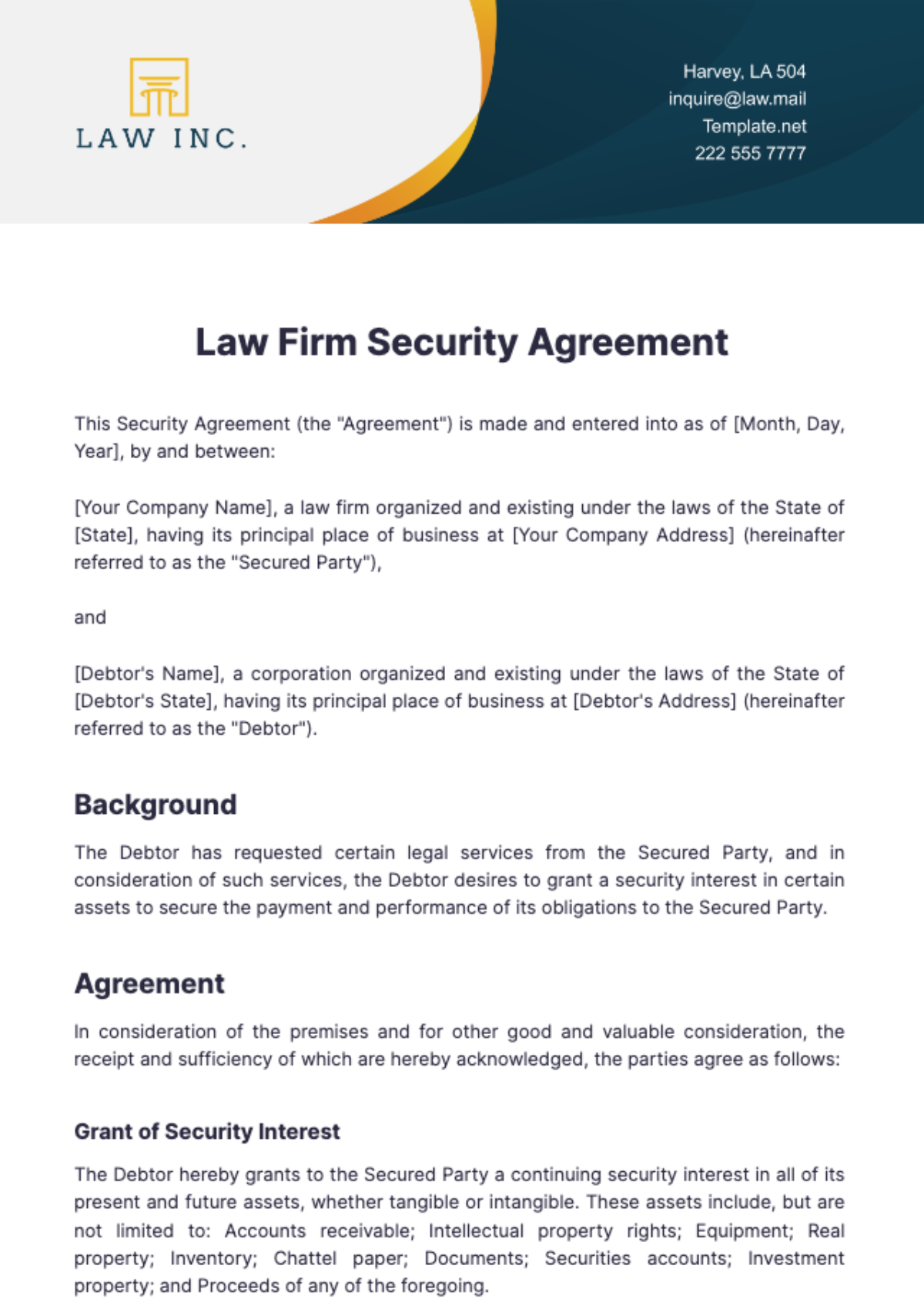 Law Firm Security Agreement Template - Edit Online & Download