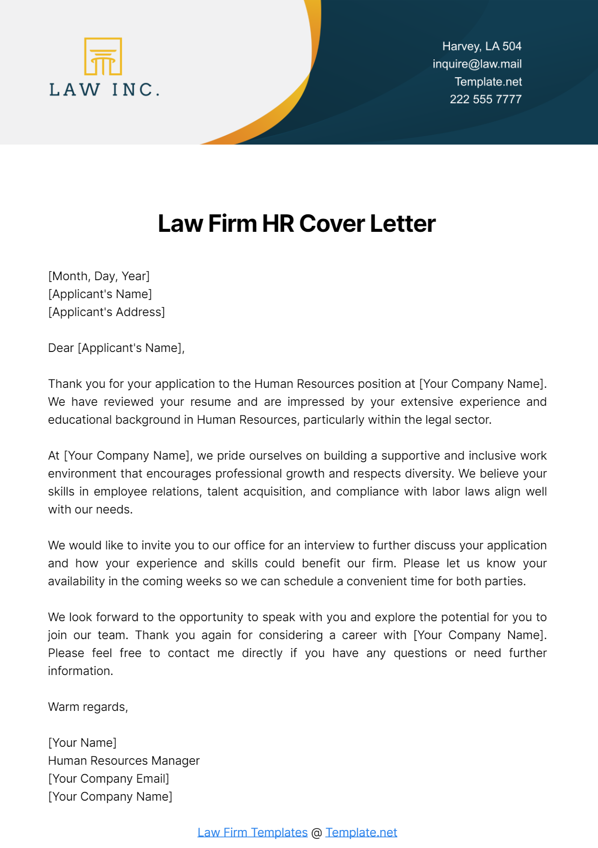 Law Firm HR Cover Letter Template