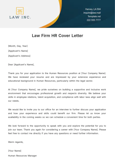 Free Law Firm HR Cover Letter Template to Edit Online