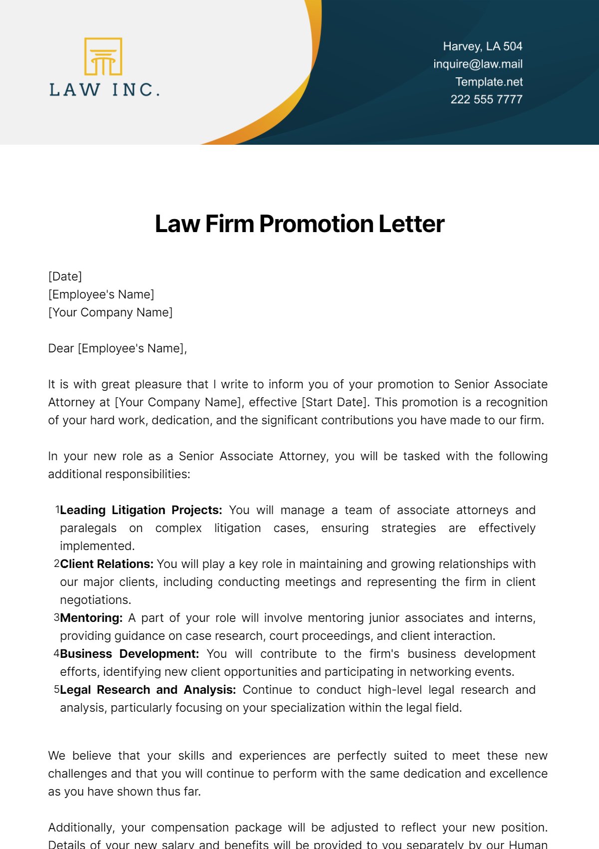 Law Firm Promotion Letter Template