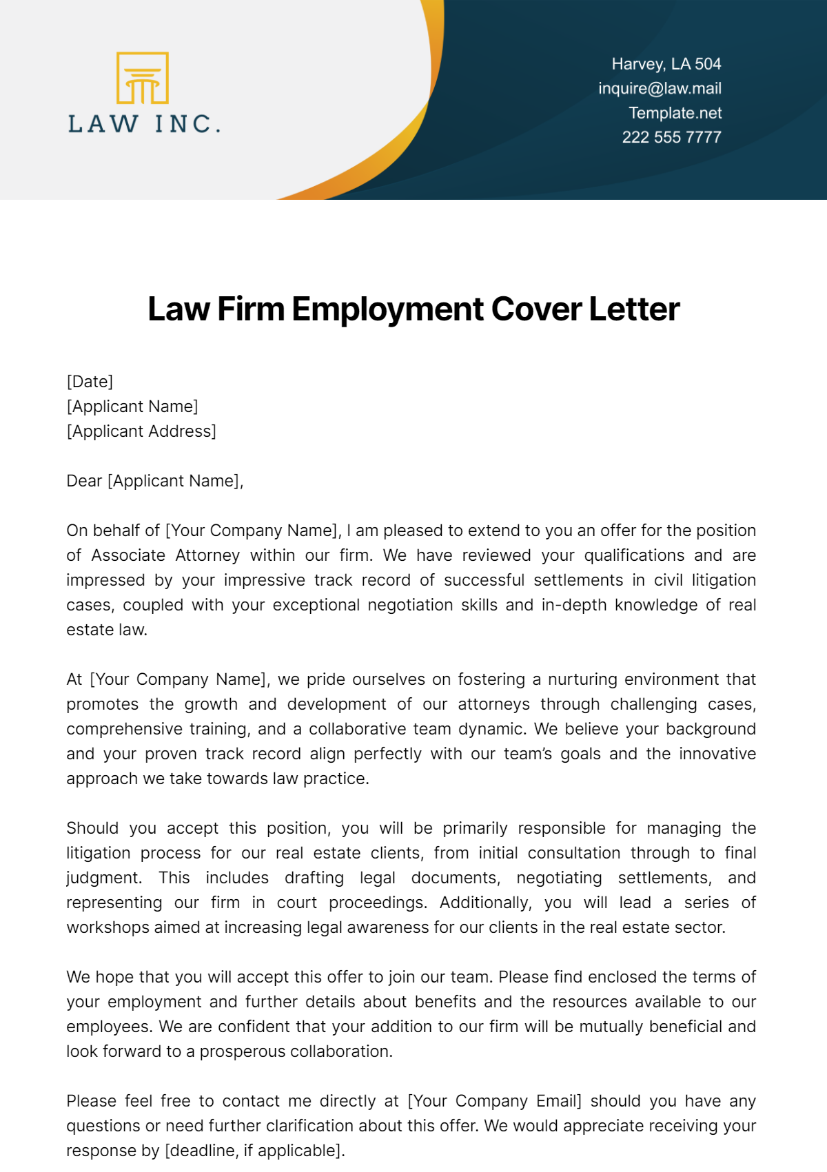 Free Law Firm Employment Cover Letter Template