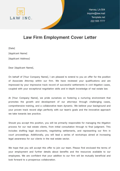 Free Law Firm Employment Cover Letter Template to Edit Online
