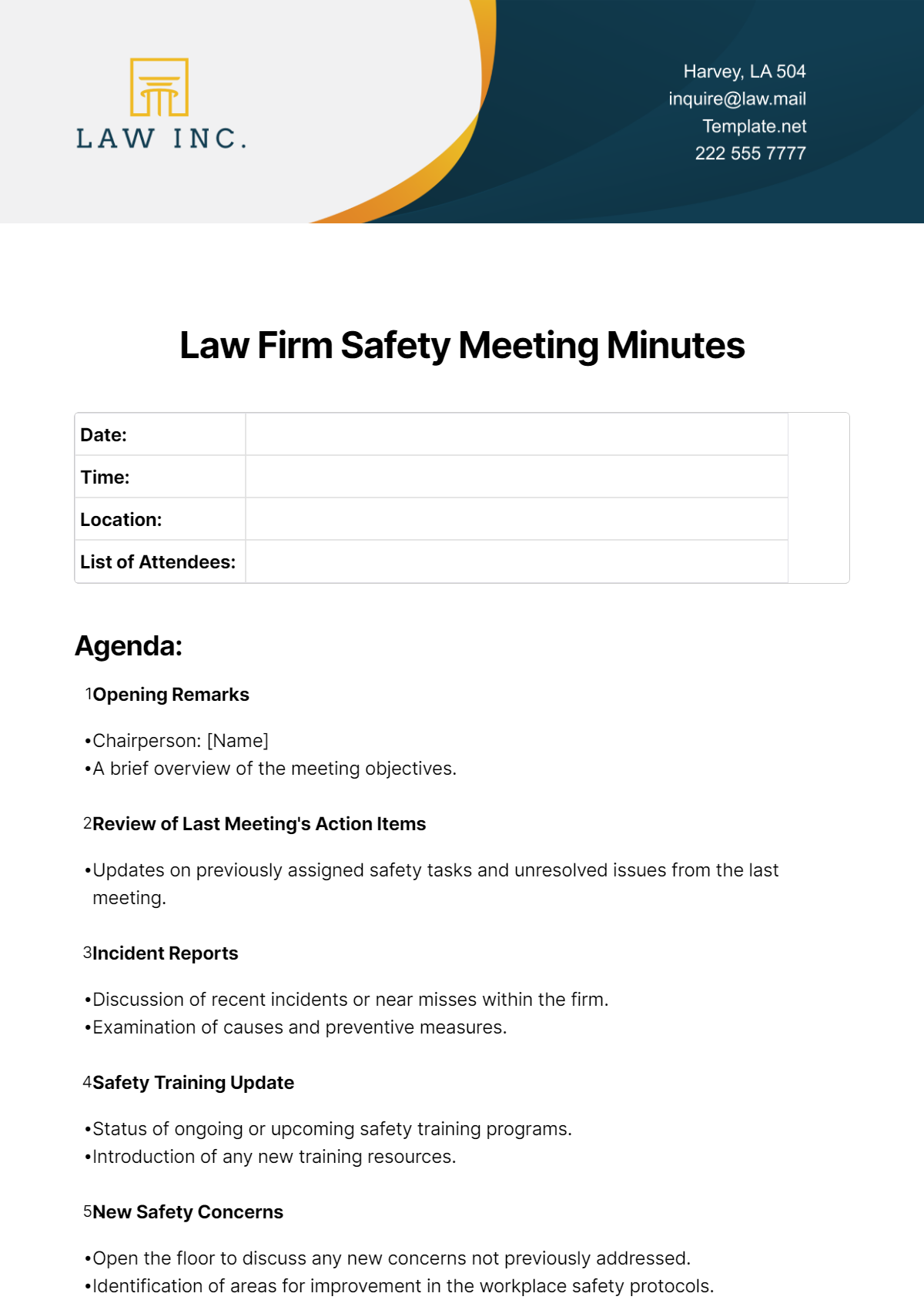 Free Law Firm Safety Meeting Minutes Template