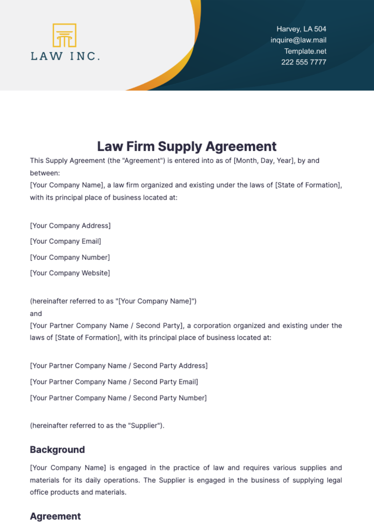 Law Firm Supply Agreement Template - Edit Online & Download