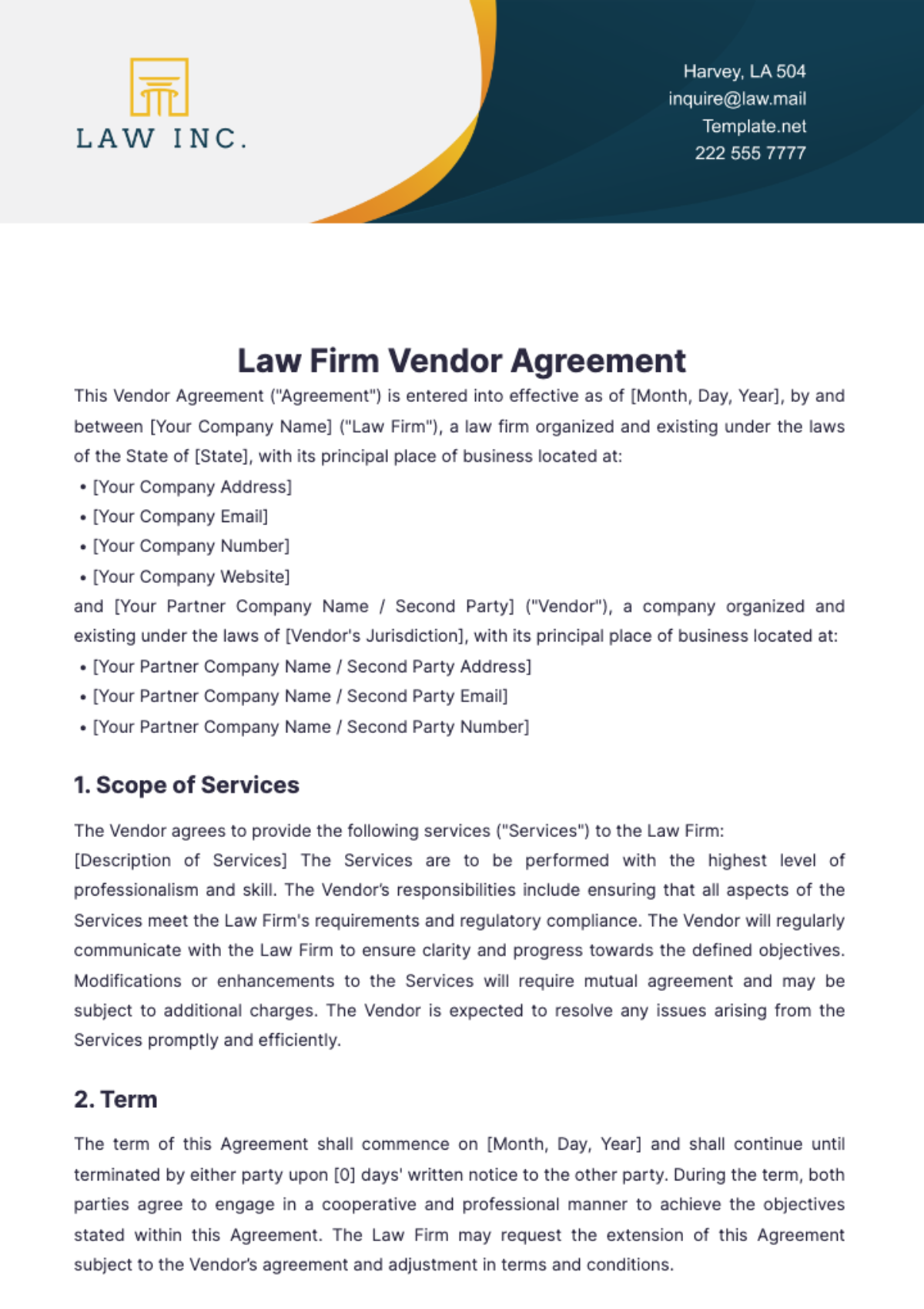 Law Firm Vendor Agreement Template - Edit Online & Download