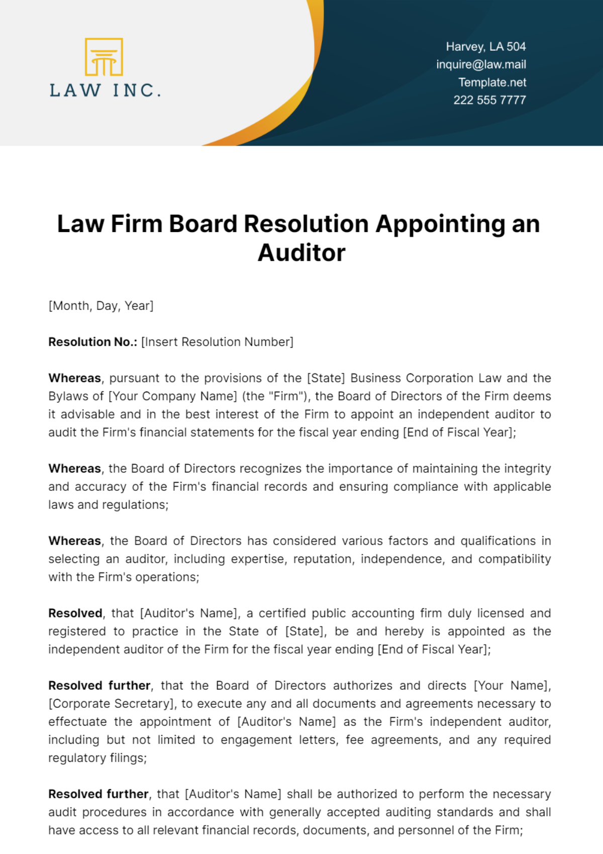 Law Firm Board Resolution Appointing an Auditor Template