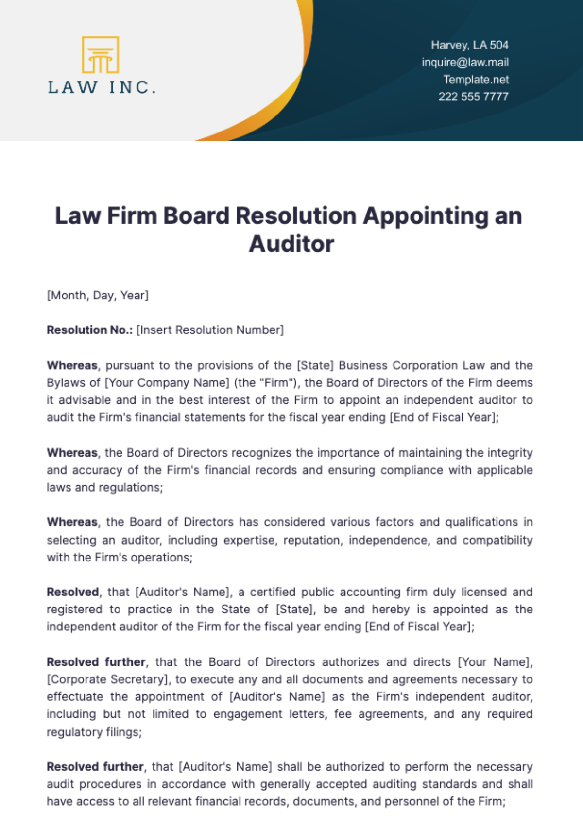 Law Firm Board Resolution Appointing an Auditor Template - Edit Online & Download